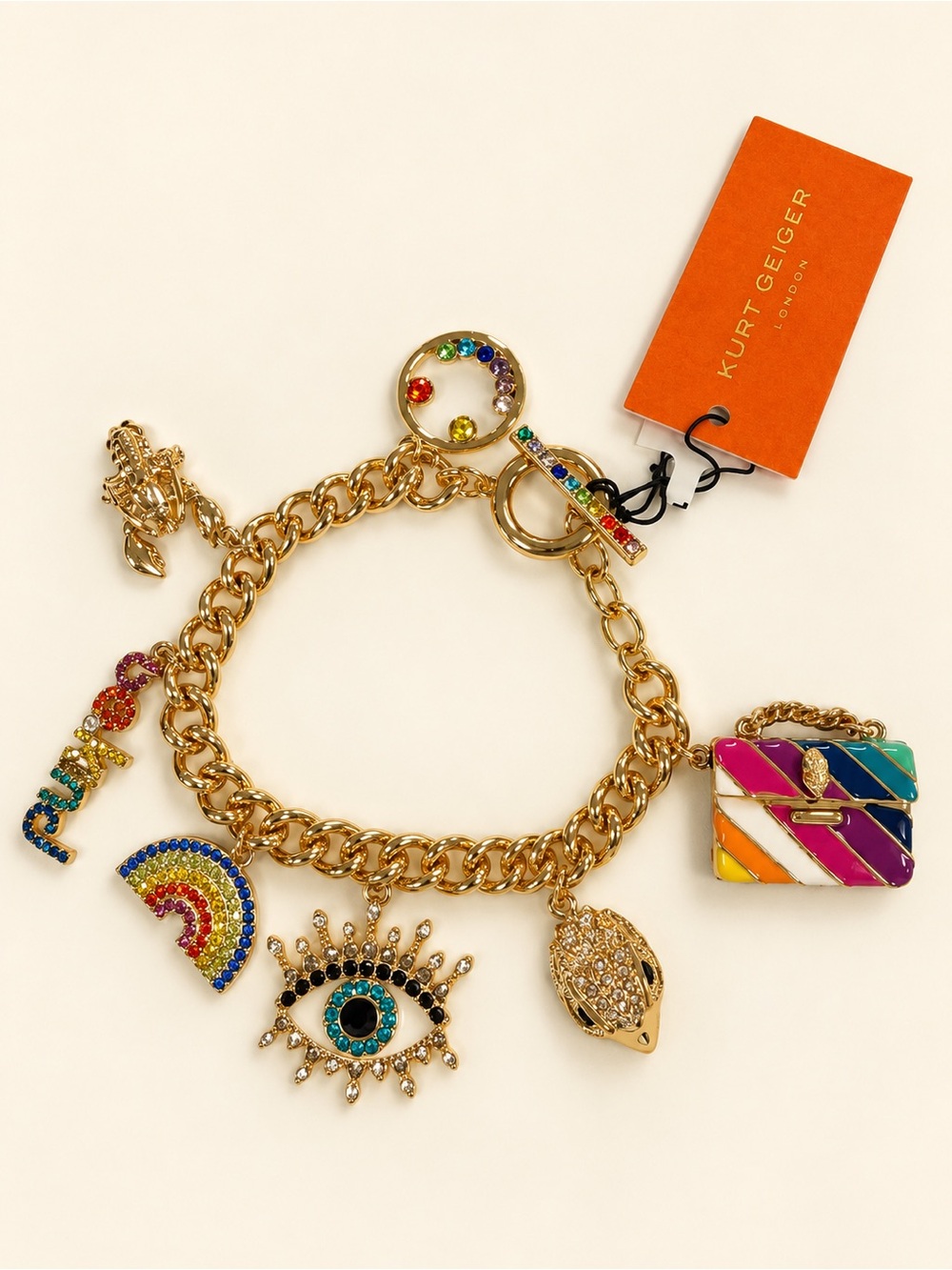 Kurt Geiger Gold Multicolor Enamel & Crystal Charm Bracelet